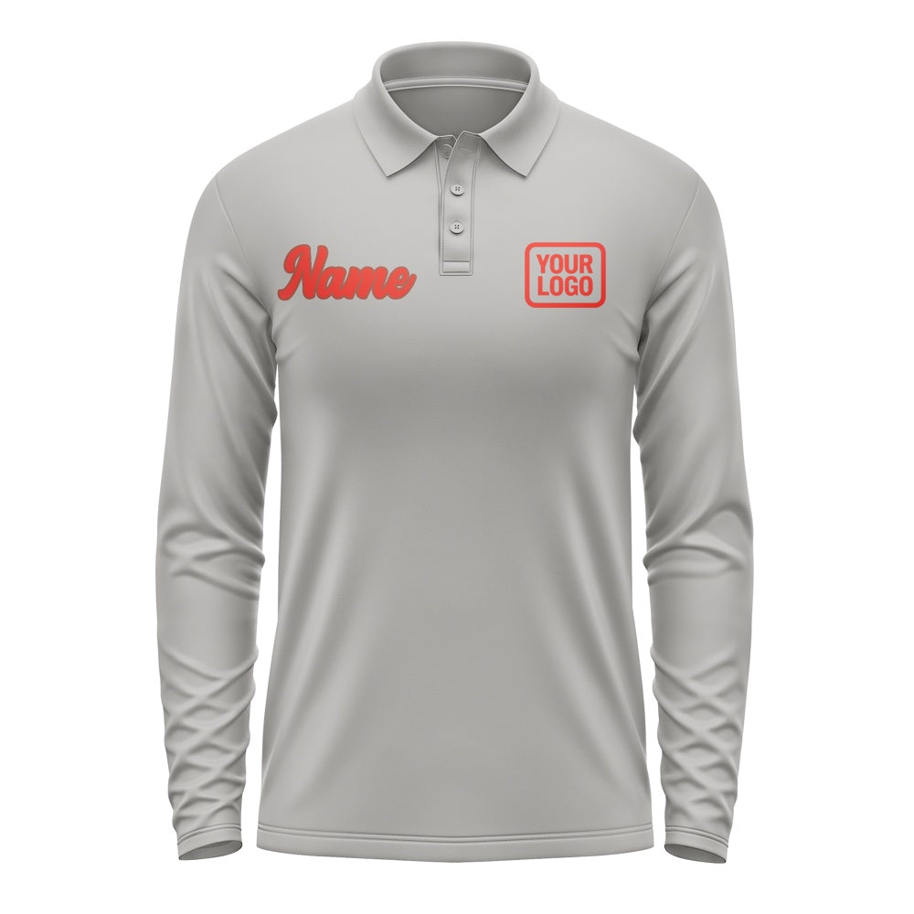 Custom Gray Orange Red Long Sleeve Polo Shirt