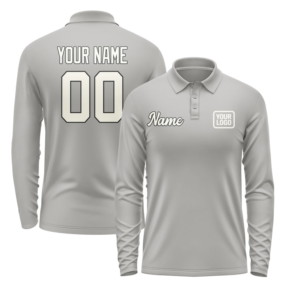 Custom Gray Cream Long Sleeve Polo Shirt