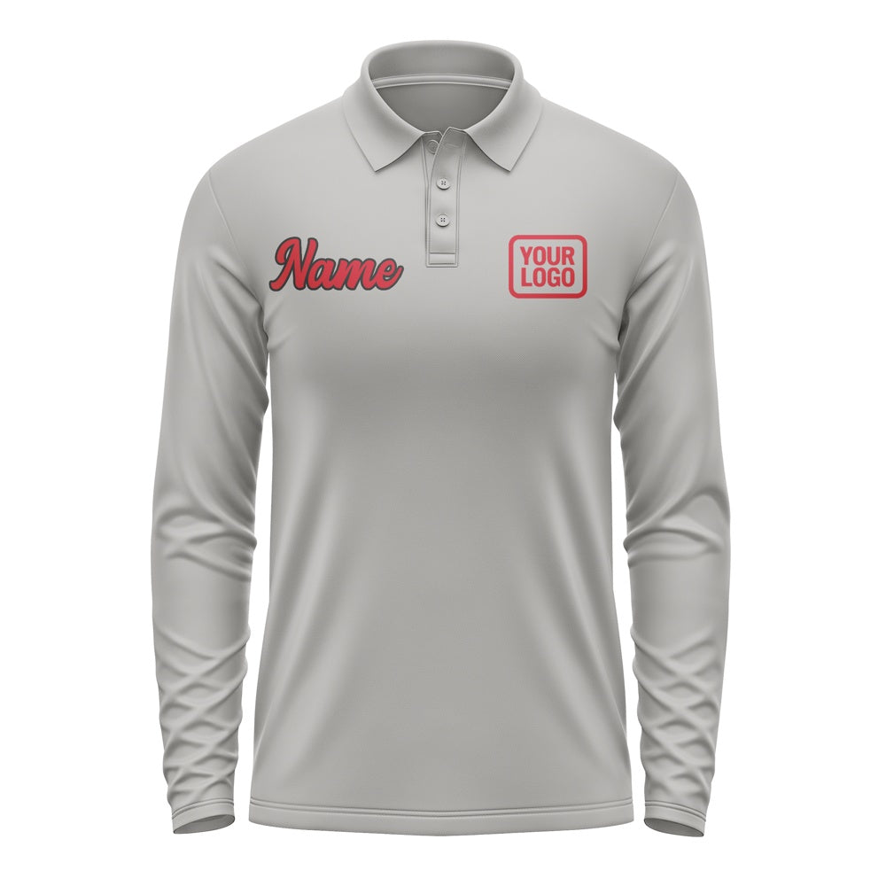 Custom Gray Red Long Sleeve Polo Shirt