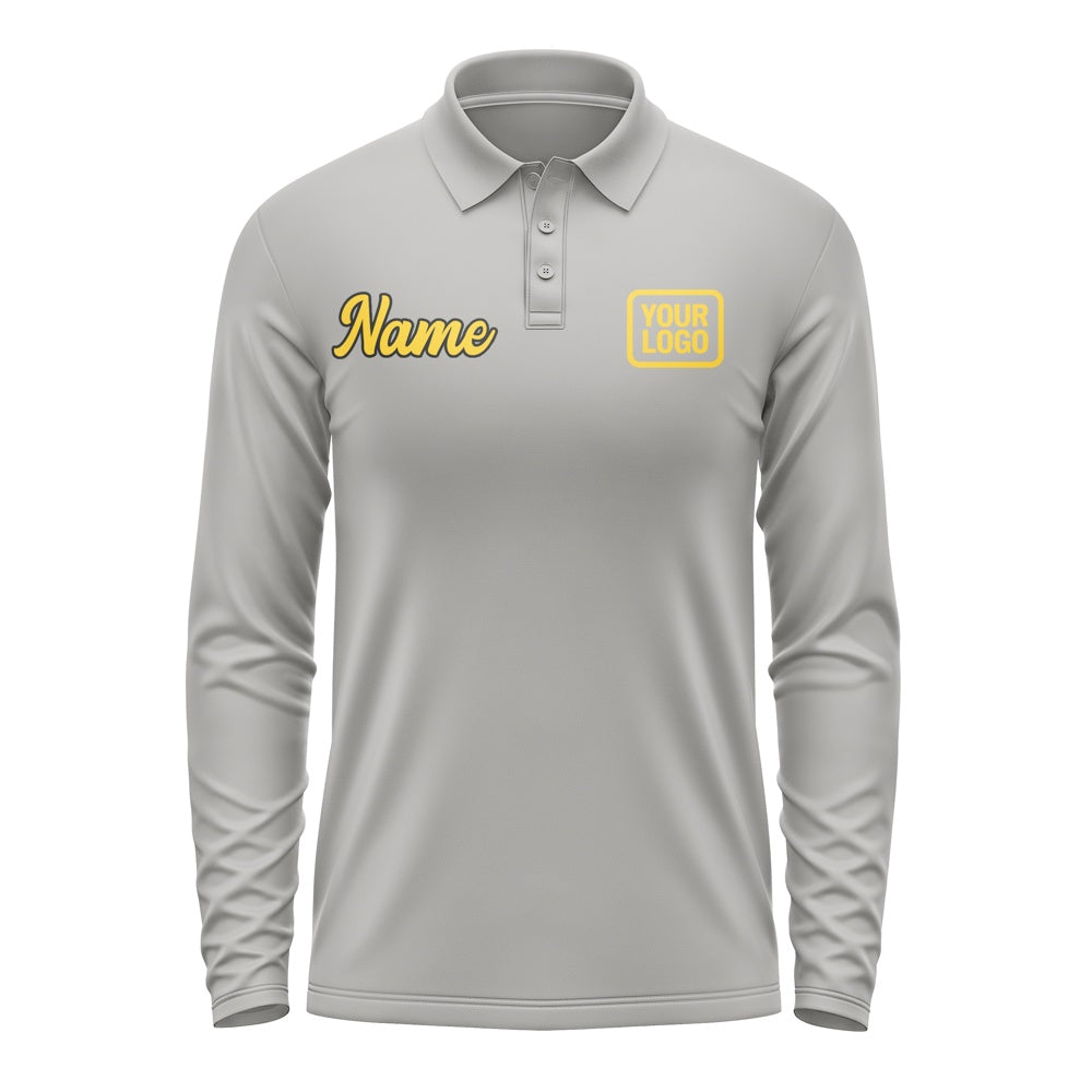 Custom Gray Gold Long Sleeve Polo Shirt