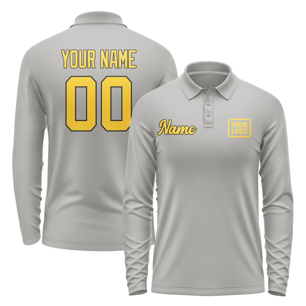 Custom Gray Gold Long Sleeve Polo Shirt