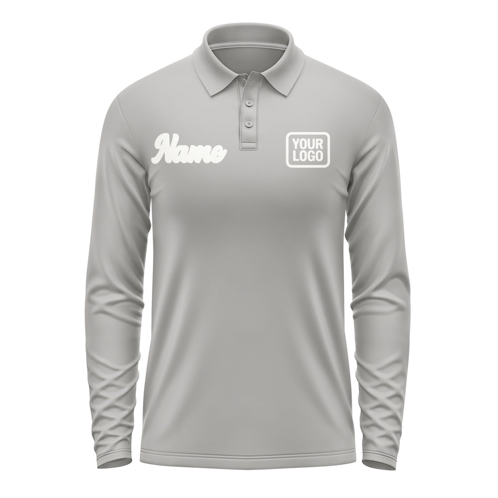 Custom Gray White Long Sleeve Polo Shirt