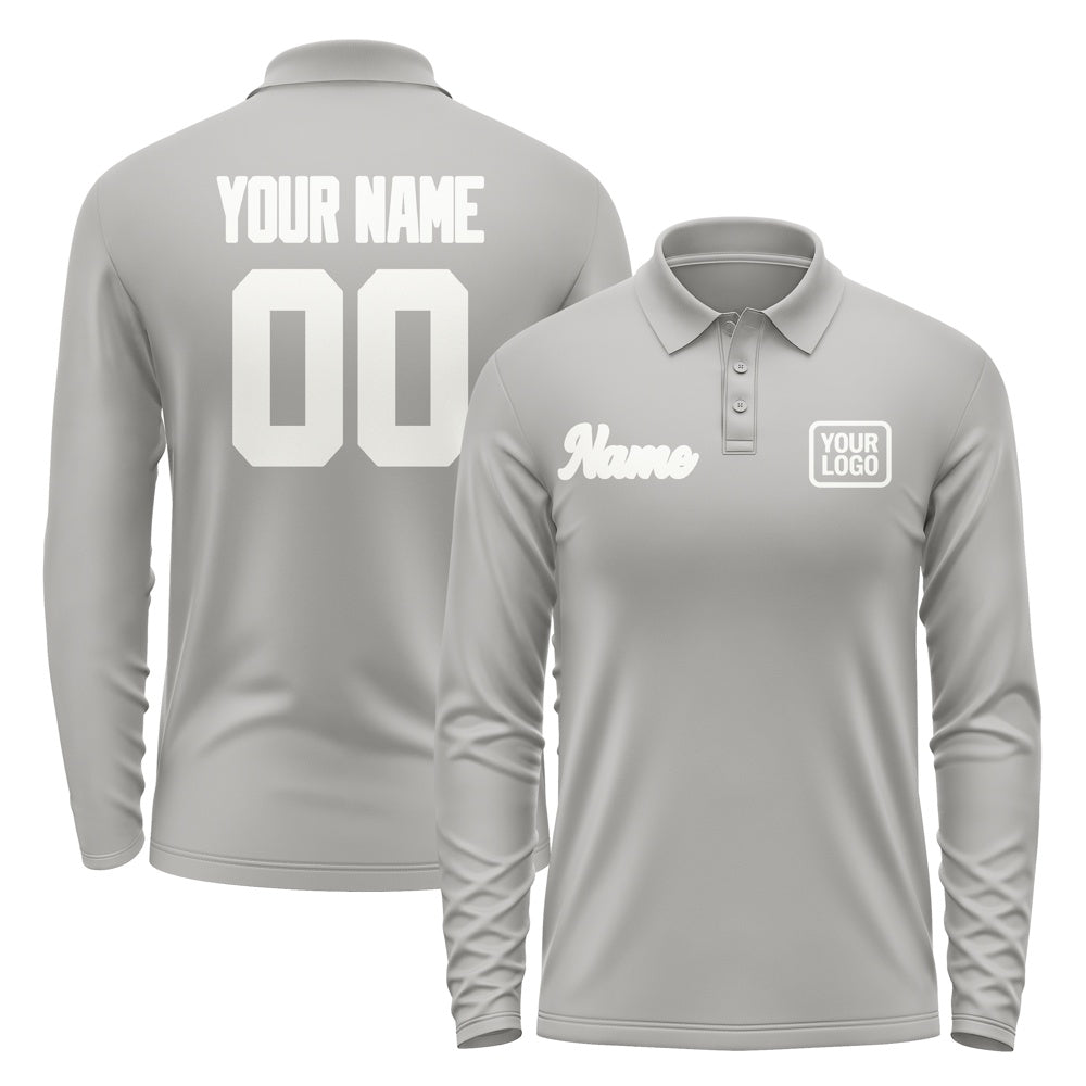 Custom Gray White Long Sleeve Polo Shirt