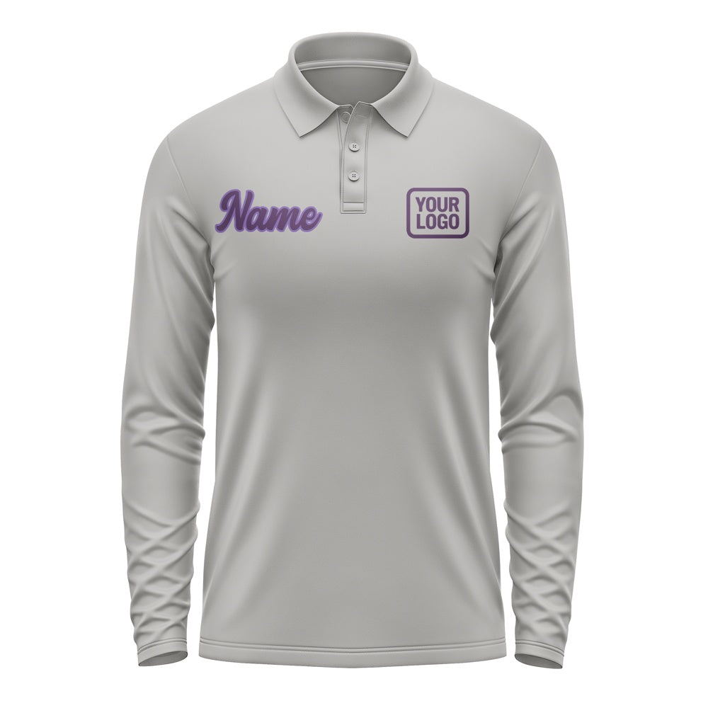 Custom Gray Purple Long Sleeve Polo Shirt