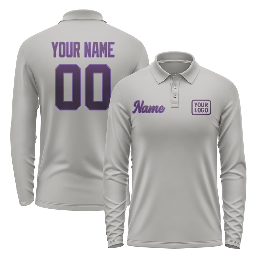 Custom Gray Purple Long Sleeve Polo Shirt