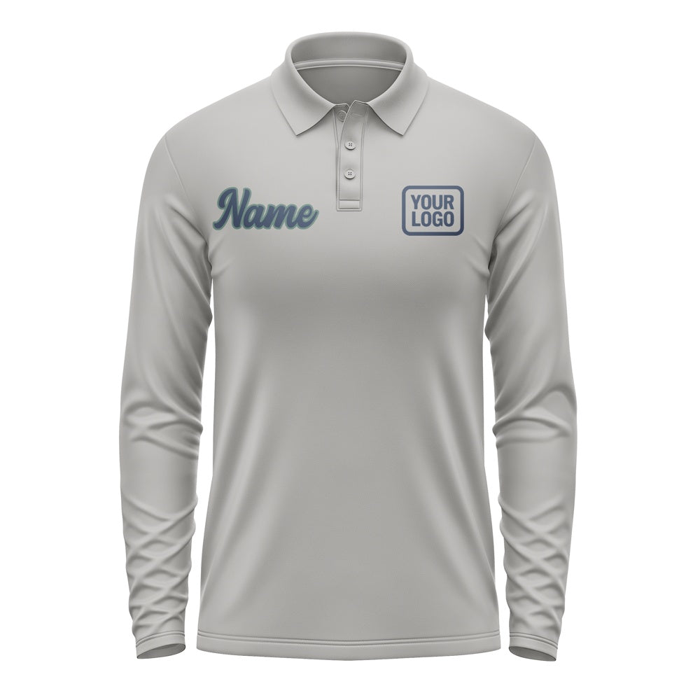 Custom Gray Blue Long Sleeve Polo Shirt