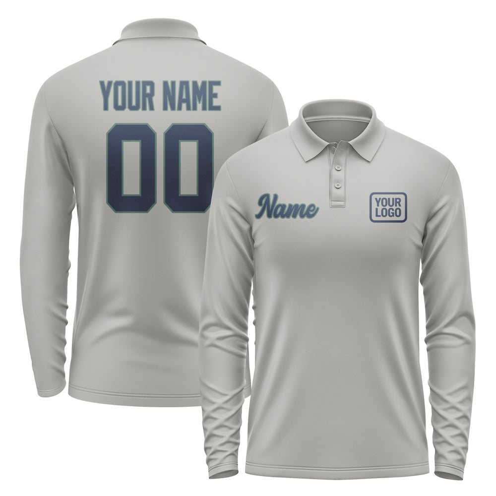 Custom Gray Blue Long Sleeve Polo Shirt