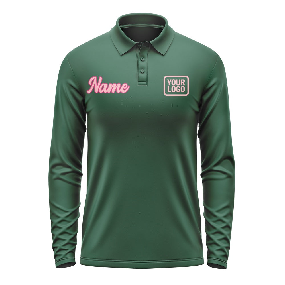 Custom Green Light Pink Long Sleeve Polo Shirt