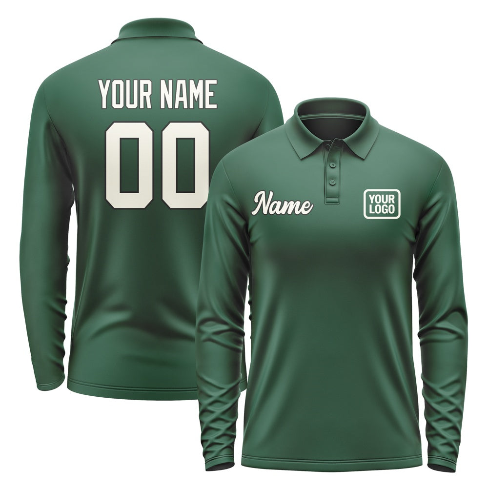 Custom Green Cream Long Sleeve Polo Shirt