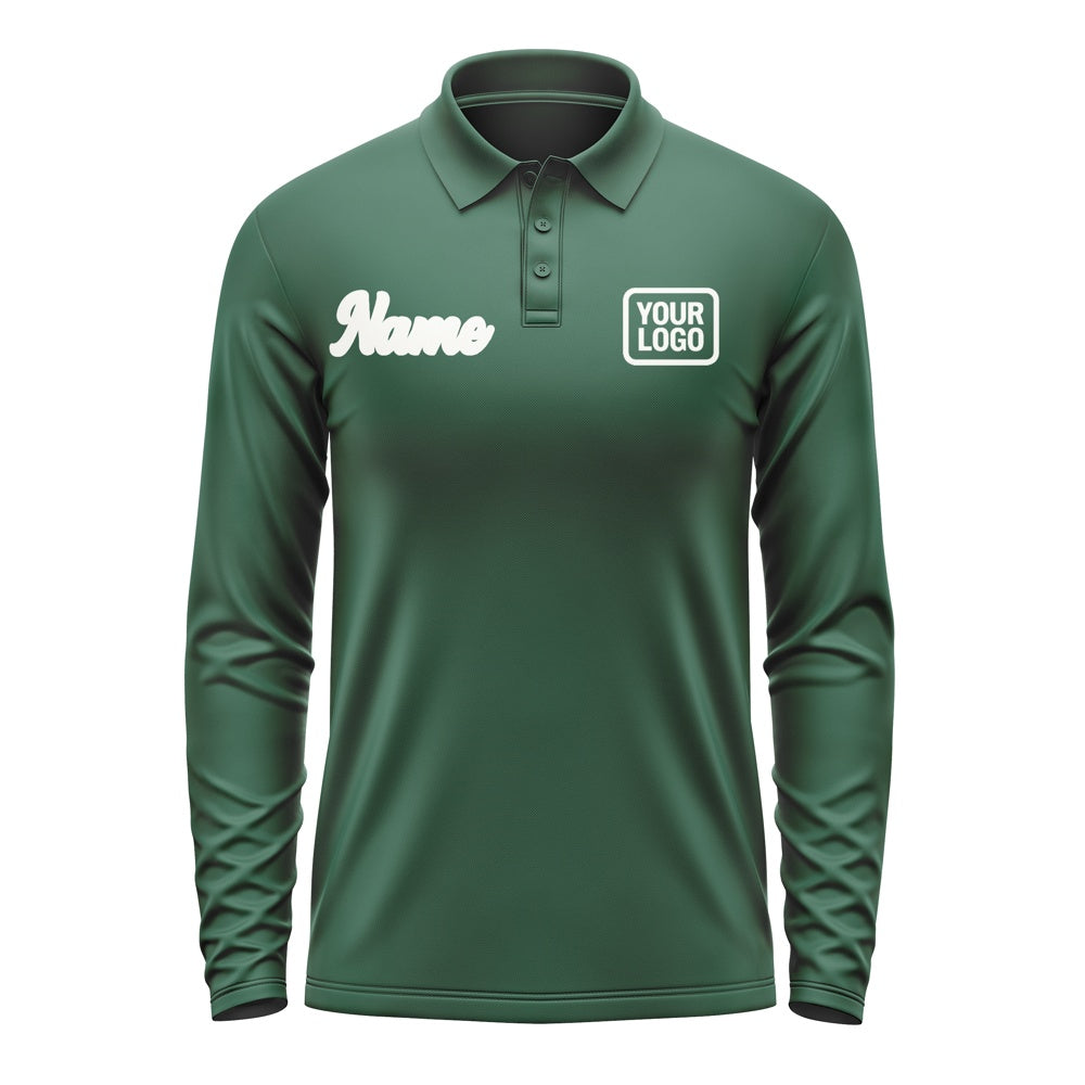 Custom Green White Long Sleeve Polo Shirt