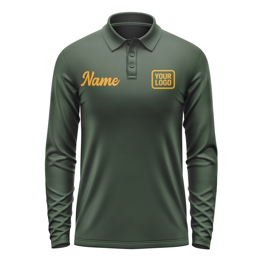 Custom Dark Green Yellow Long Sleeve Polo Shirt