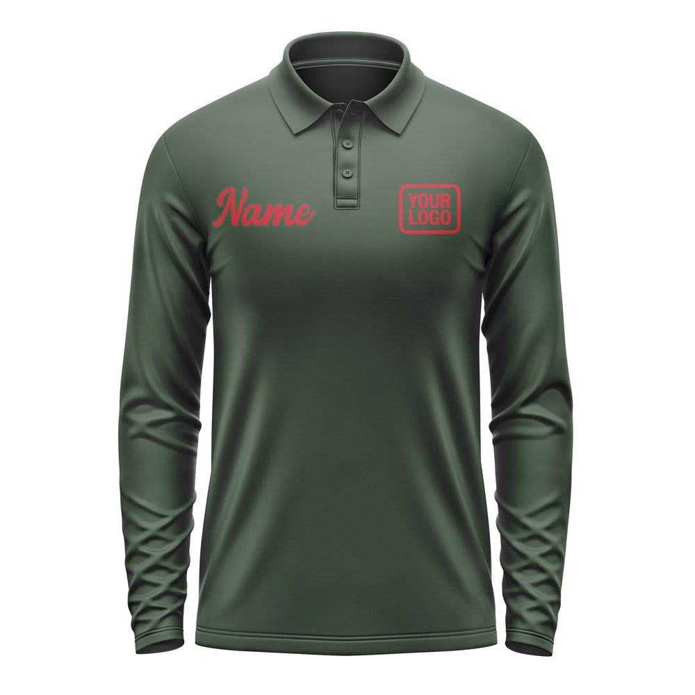 Custom Dark Green Red Long Sleeve Polo Shirt