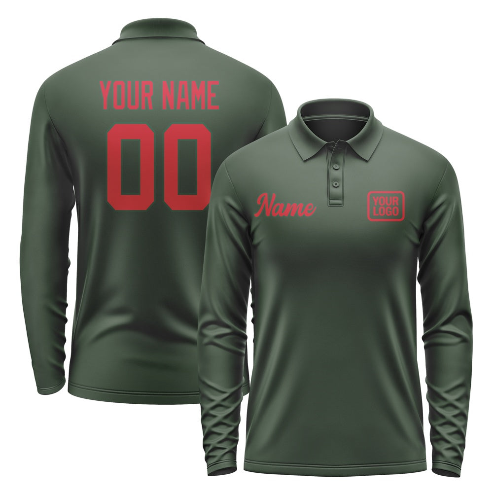 Custom Dark Green Red Long Sleeve Polo Shirt