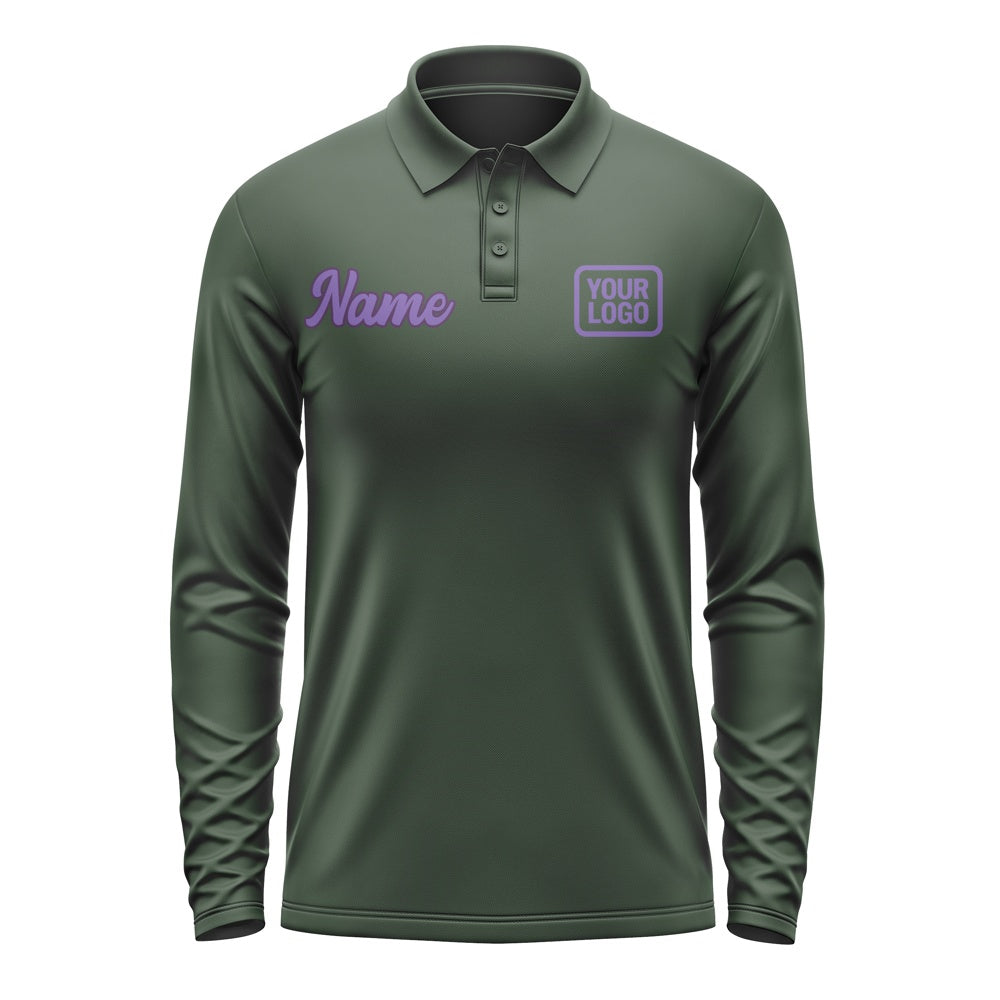 Custom Dark Green Light Purple Long Sleeve Polo Shirt