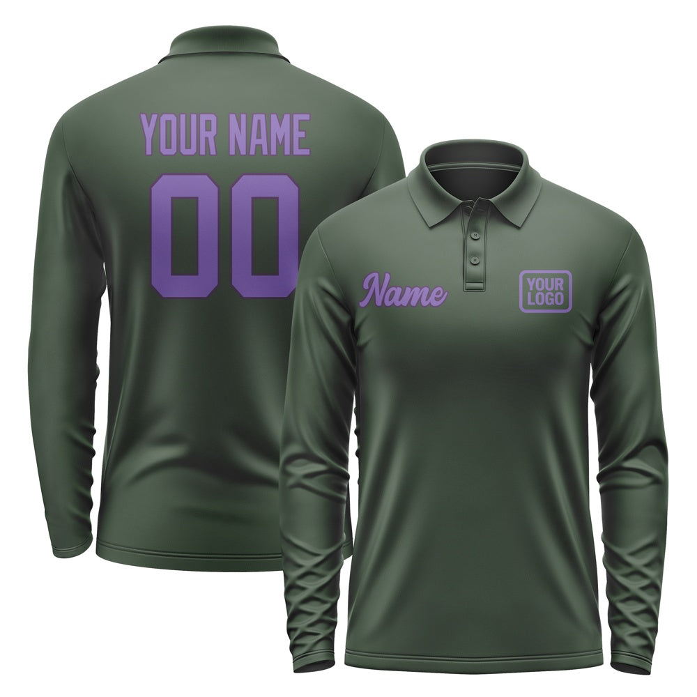 Custom Dark Green Light Purple Long Sleeve Polo Shirt