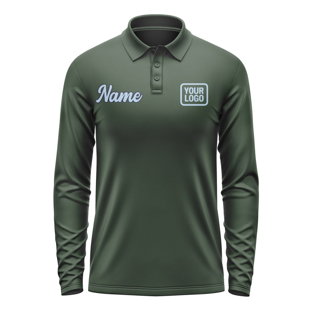 Custom Dark Green Light Blue Long Sleeve Polo Shirt