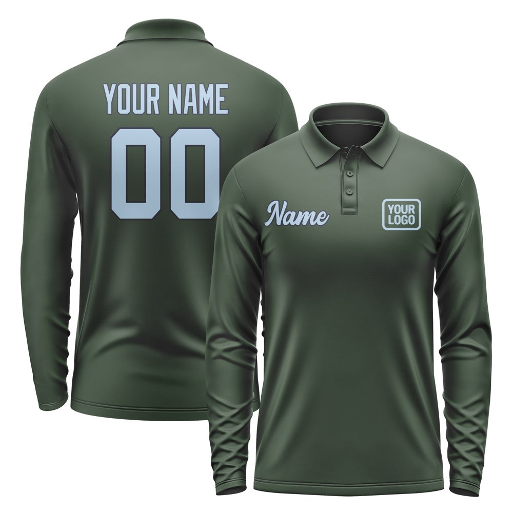 Custom Dark Green Light Blue Long Sleeve Polo Shirt
