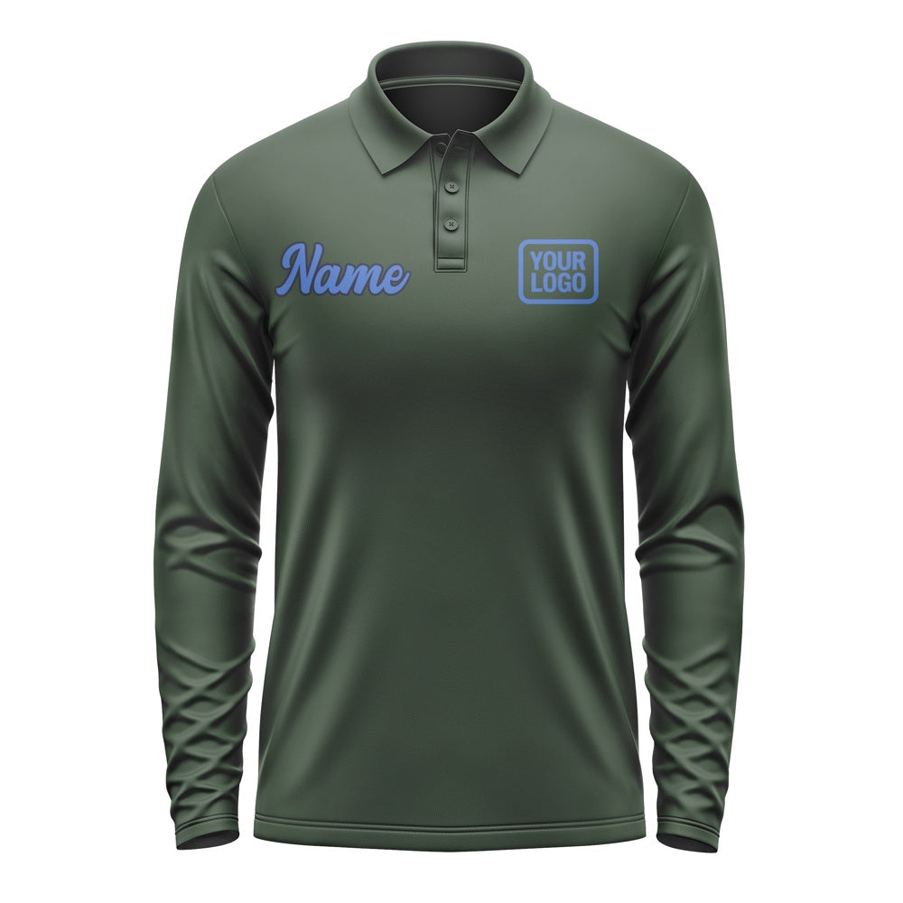 Custom Dark Green Sky Blue Long Sleeve Polo Shirt