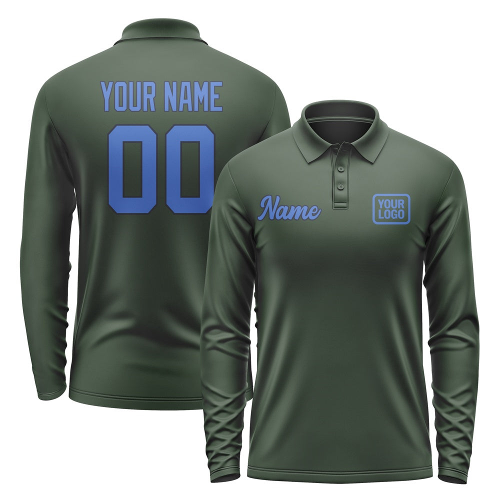 Custom Dark Green Sky Blue Long Sleeve Polo Shirt