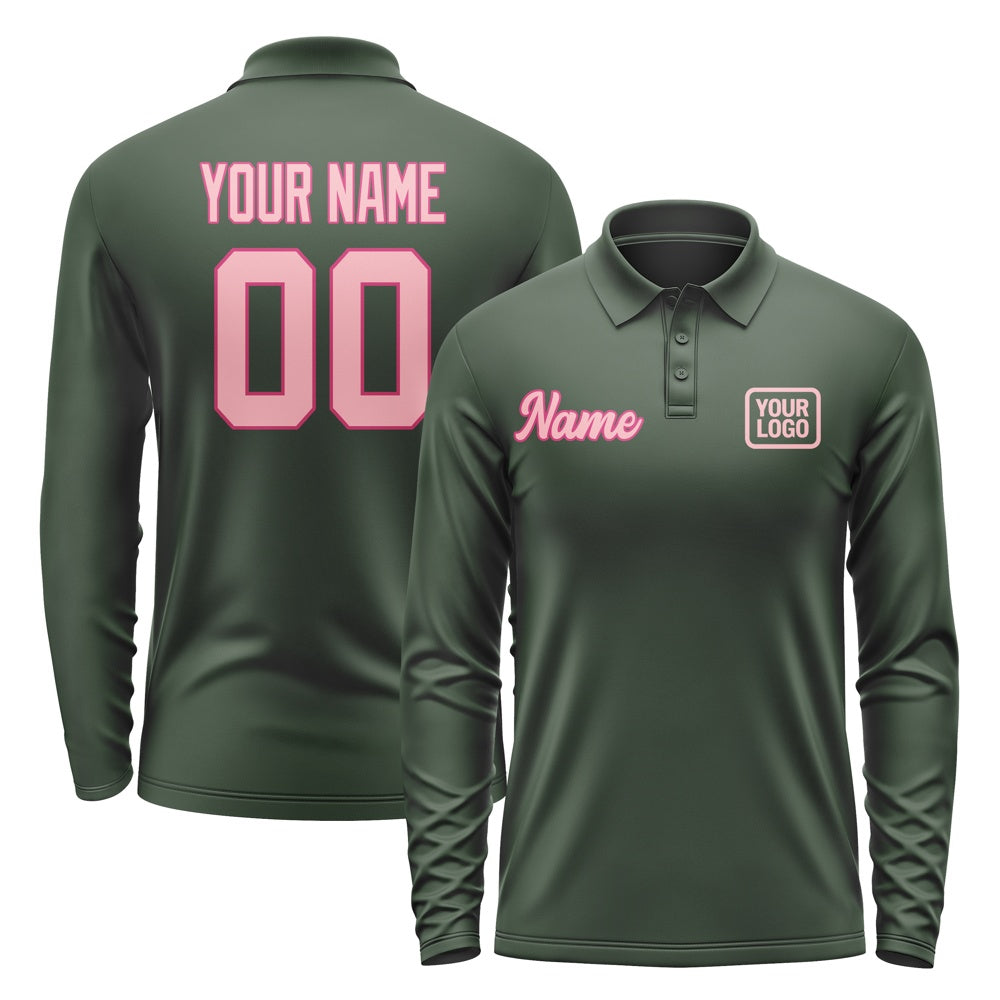 Custom Dark Green Light Pink Long Sleeve Polo Shirt