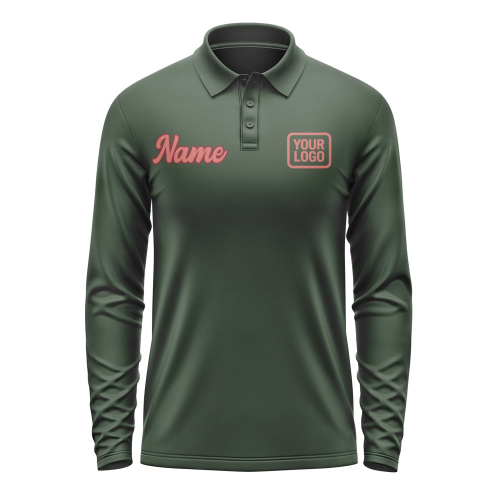 Custom Dark Green Copper Rose Long Sleeve Polo Shirt