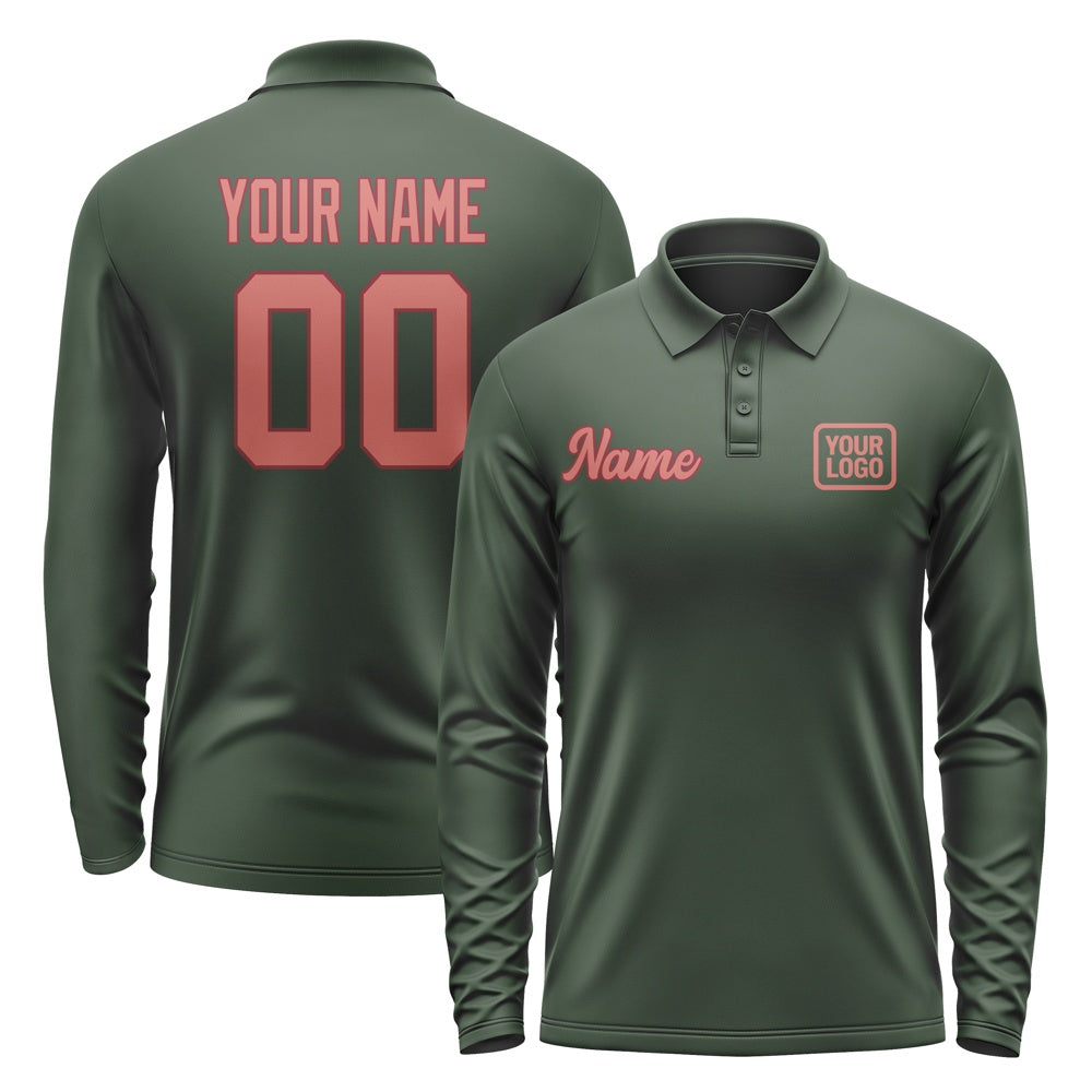 Custom Dark Green Copper Rose Long Sleeve Polo Shirt