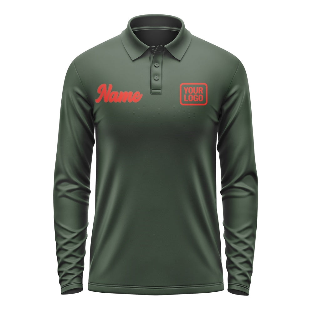 Custom Dark Green Orange Red Long Sleeve Polo Shirt
