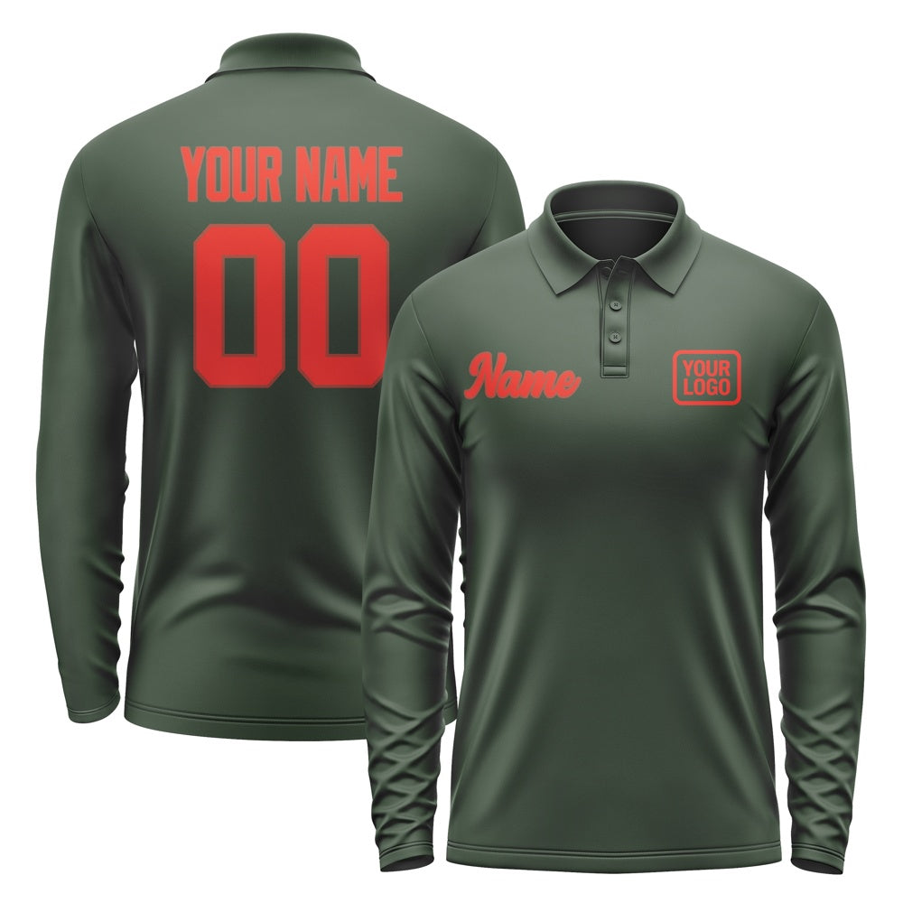 Custom Dark Green Orange Red Long Sleeve Polo Shirt