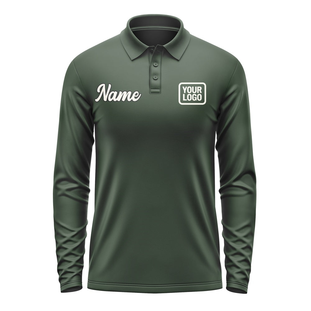 Custom Dark Green Cream Long Sleeve Polo Shirt
