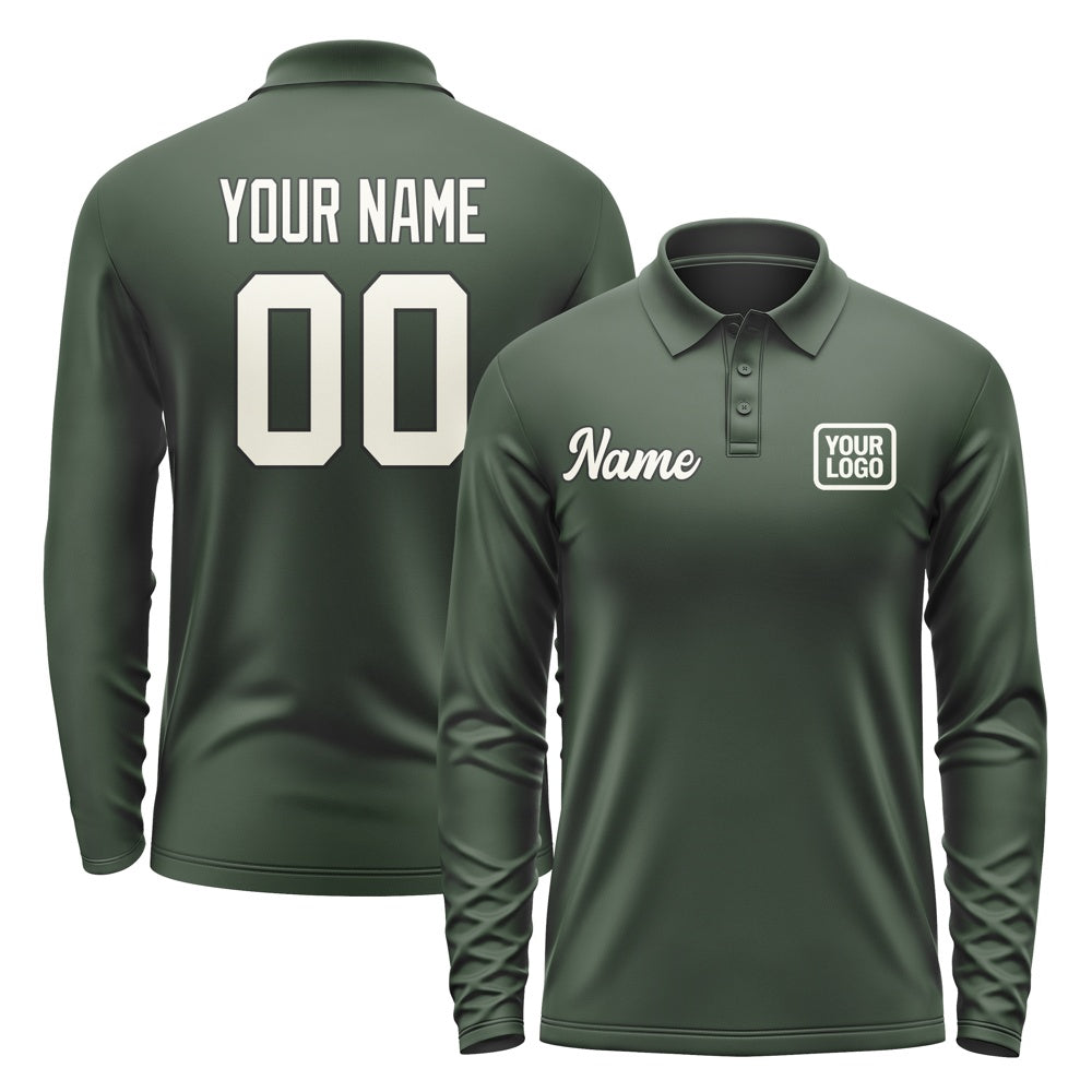 Custom Dark Green Cream Long Sleeve Polo Shirt