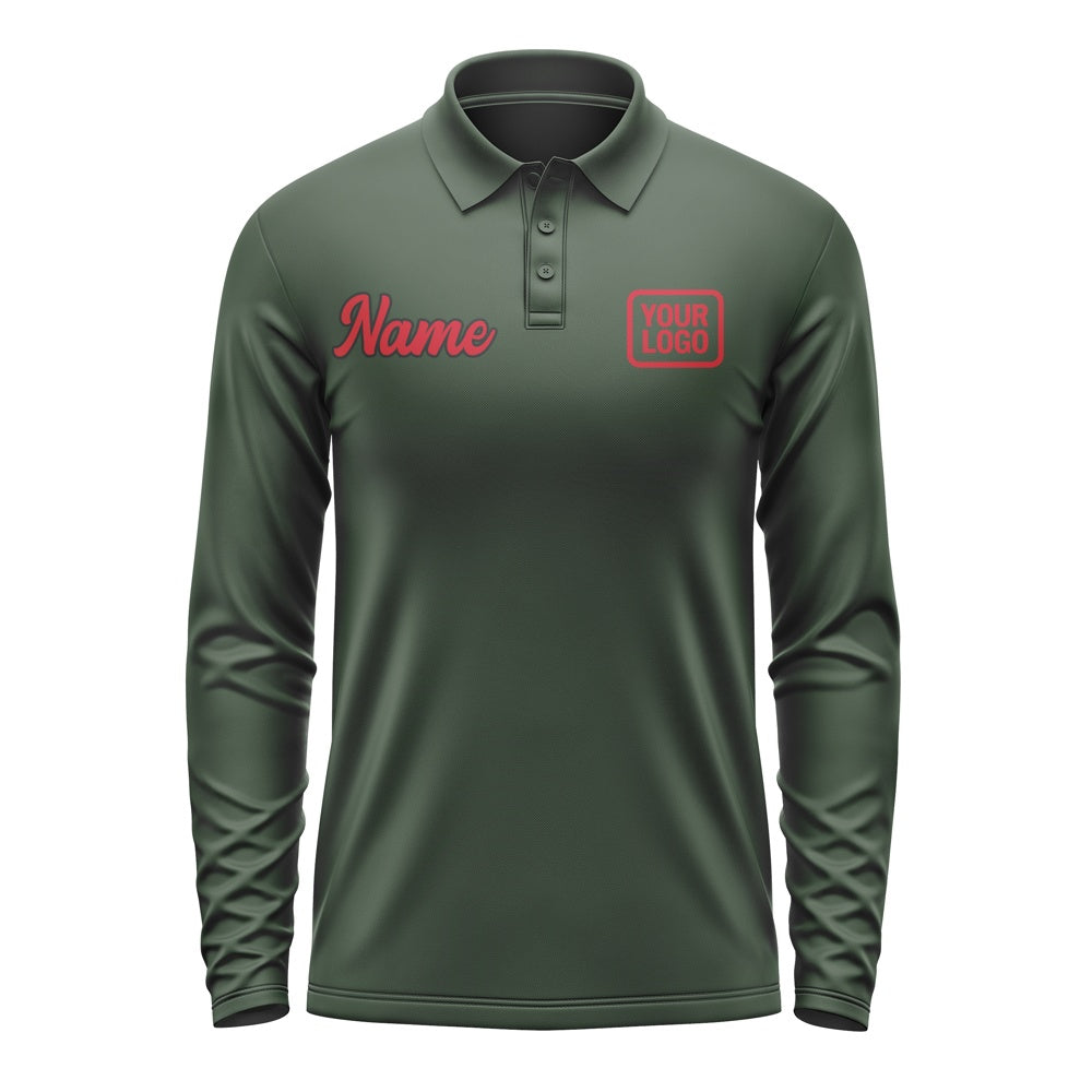 Custom Dark Green Red Long Sleeve Polo Shirt