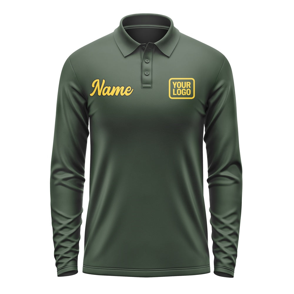 Custom Dark Green Gold Long Sleeve Polo Shirt