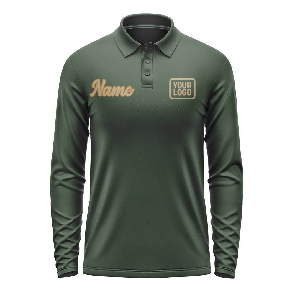Custom Dark Green Light Khaki Long Sleeve Polo Shirt