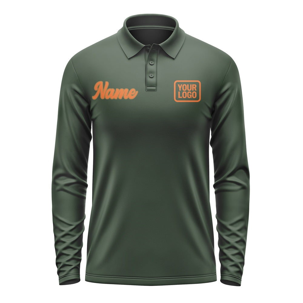 Custom Dark Green Orange Long Sleeve Polo Shirt