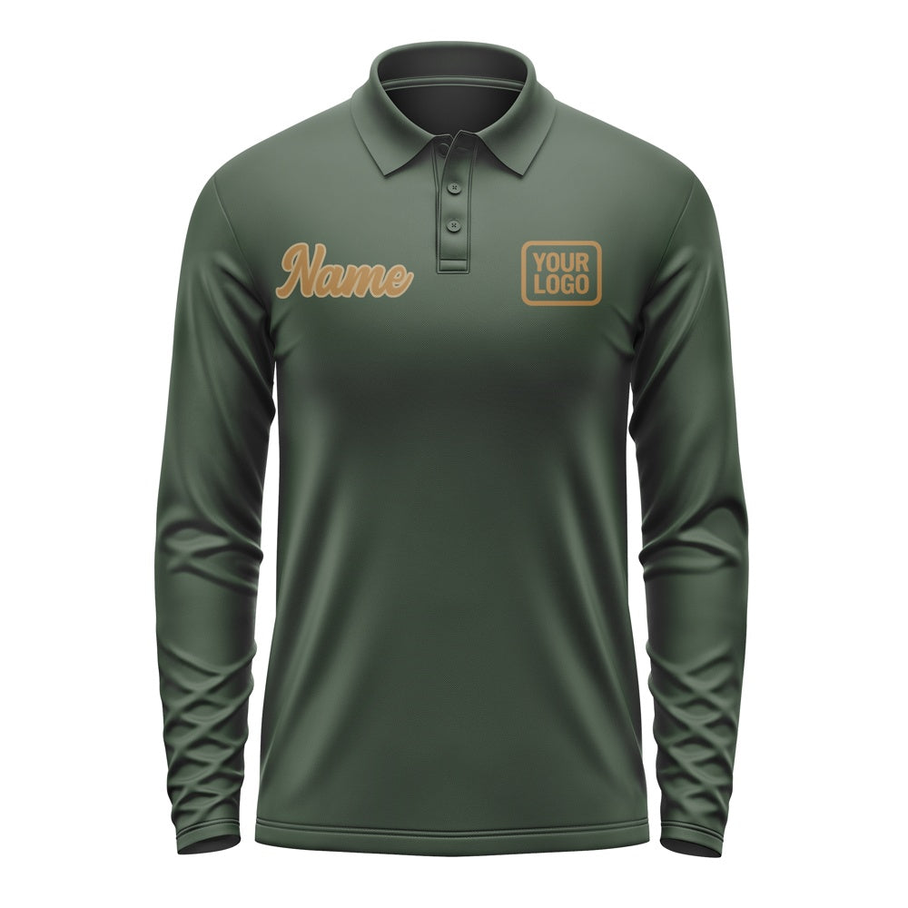 Custom Dark Green Khaki Long Sleeve Polo Shirt