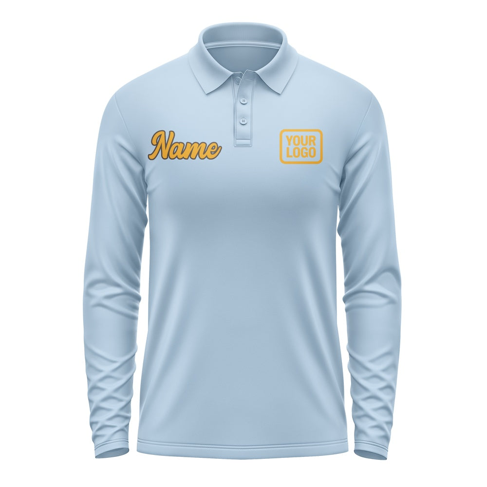 Custom Light Blue Yellow Long Sleeve Polo Shirt