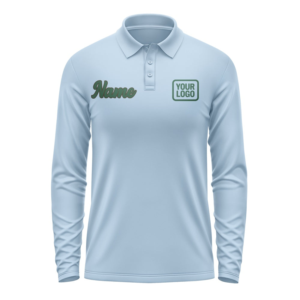 Custom Light Blue Green Long Sleeve Polo Shirt