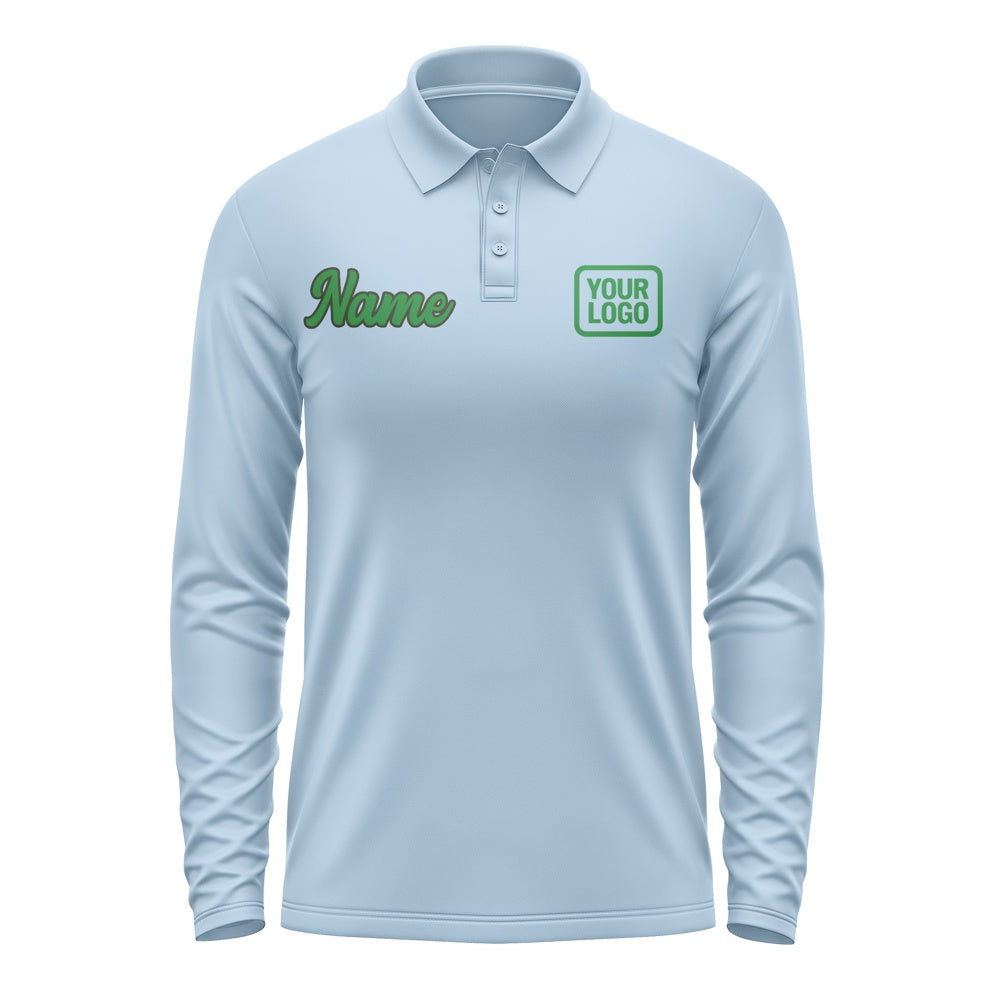 Custom Light Blue Emerald Green Long Sleeve Polo Shirt