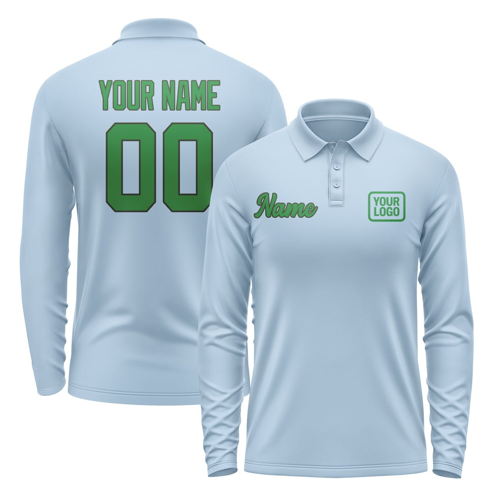 Custom Light Blue Emerald Green Long Sleeve Polo Shirt