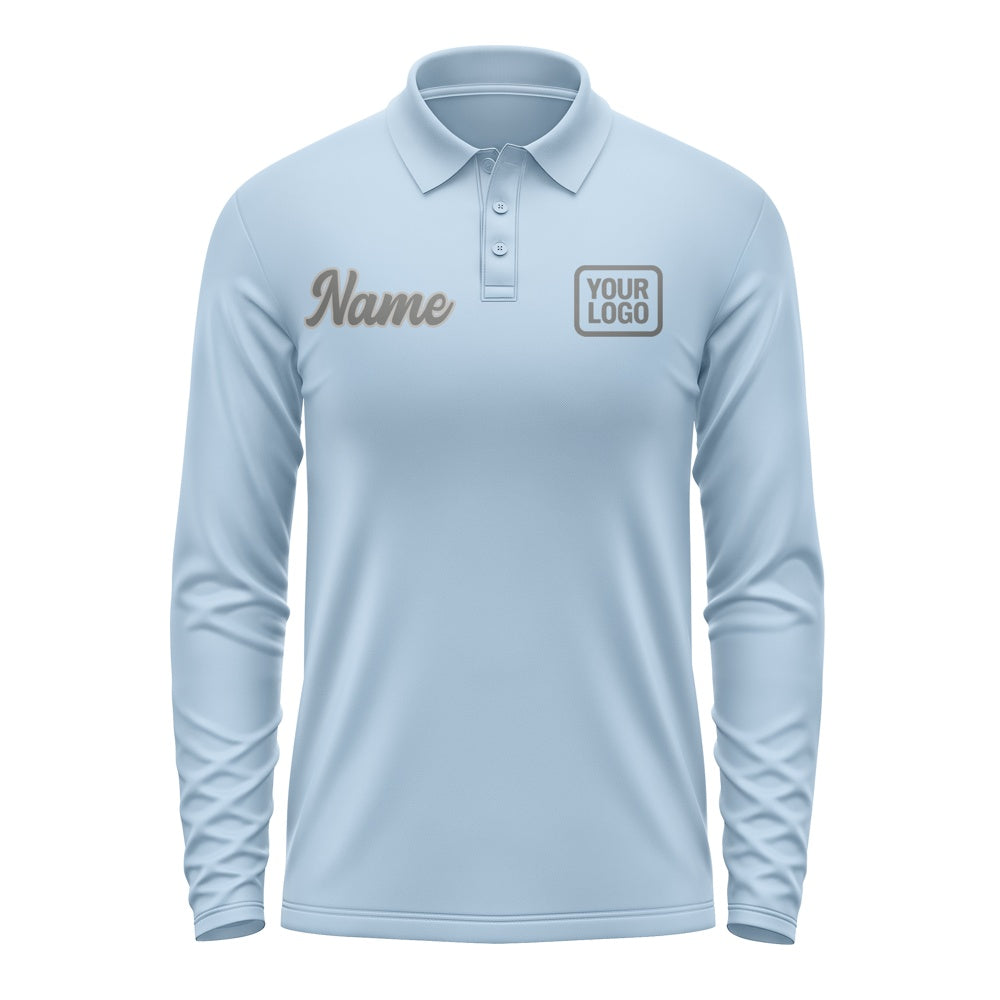 Custom Light Blue Dark Grey Long Sleeve Polo Shirt