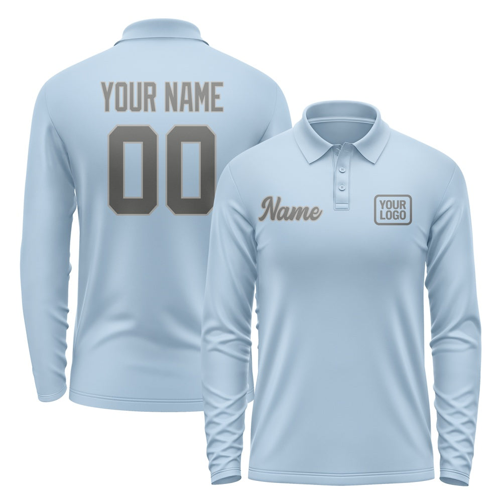 Custom Light Blue Dark Grey Long Sleeve Polo Shirt