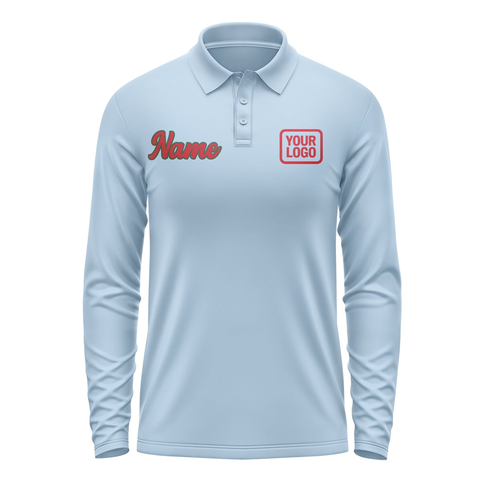 Custom Light Blue Red Long Sleeve Polo Shirt