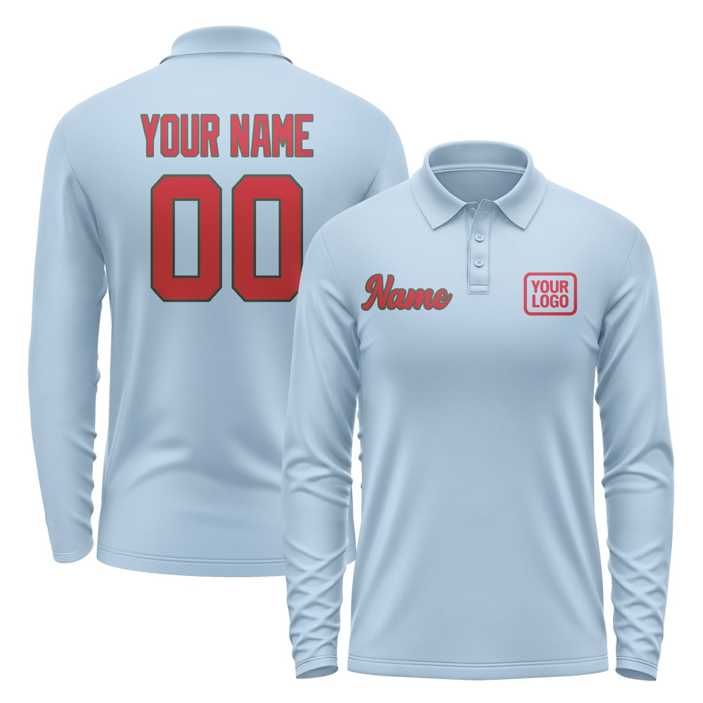 Custom Light Blue Red Long Sleeve Polo Shirt
