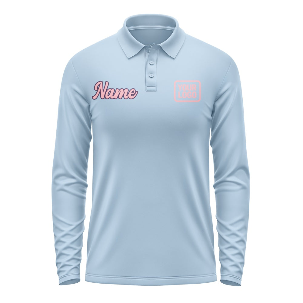 Custom Light Blue Light Pink Long Sleeve Polo Shirt
