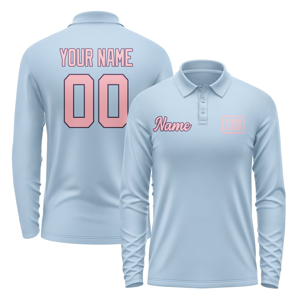 Custom Light Blue Light Pink Long Sleeve Polo Shirt