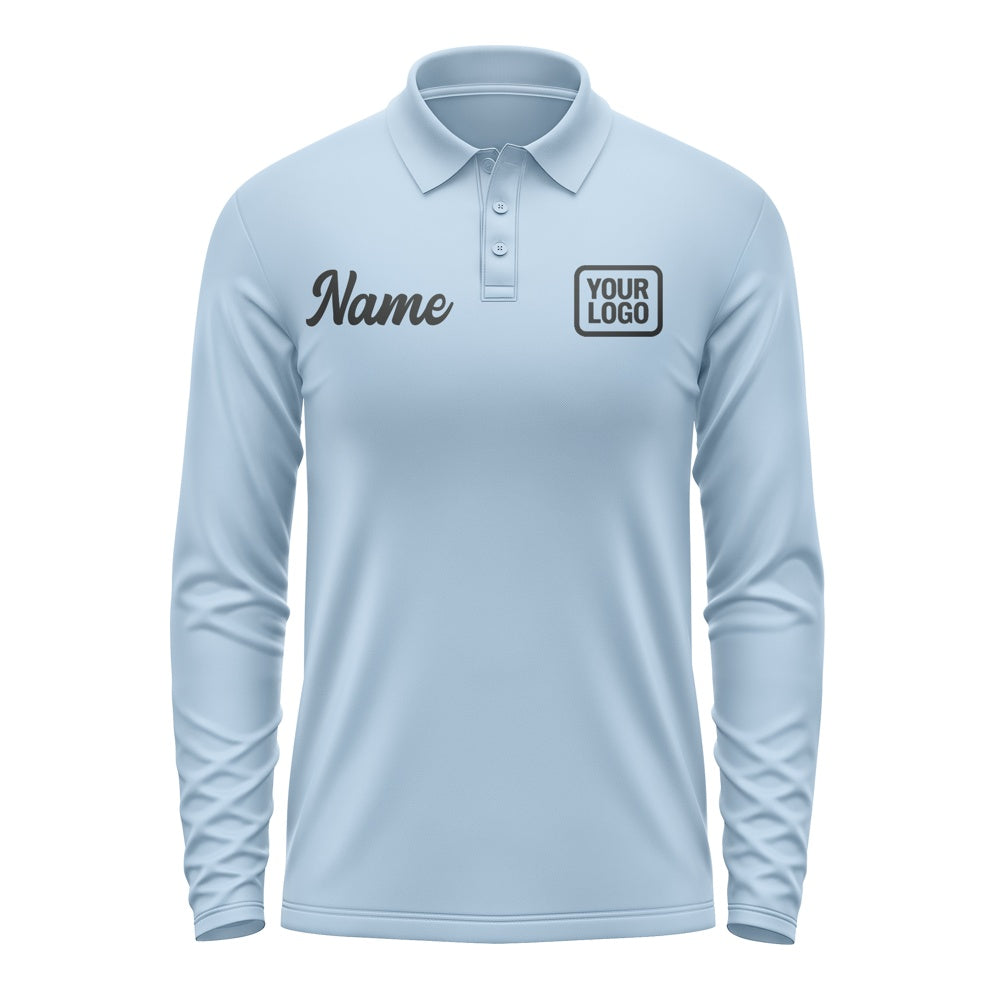 Custom Light Blue Black Long Sleeve Polo Shirt