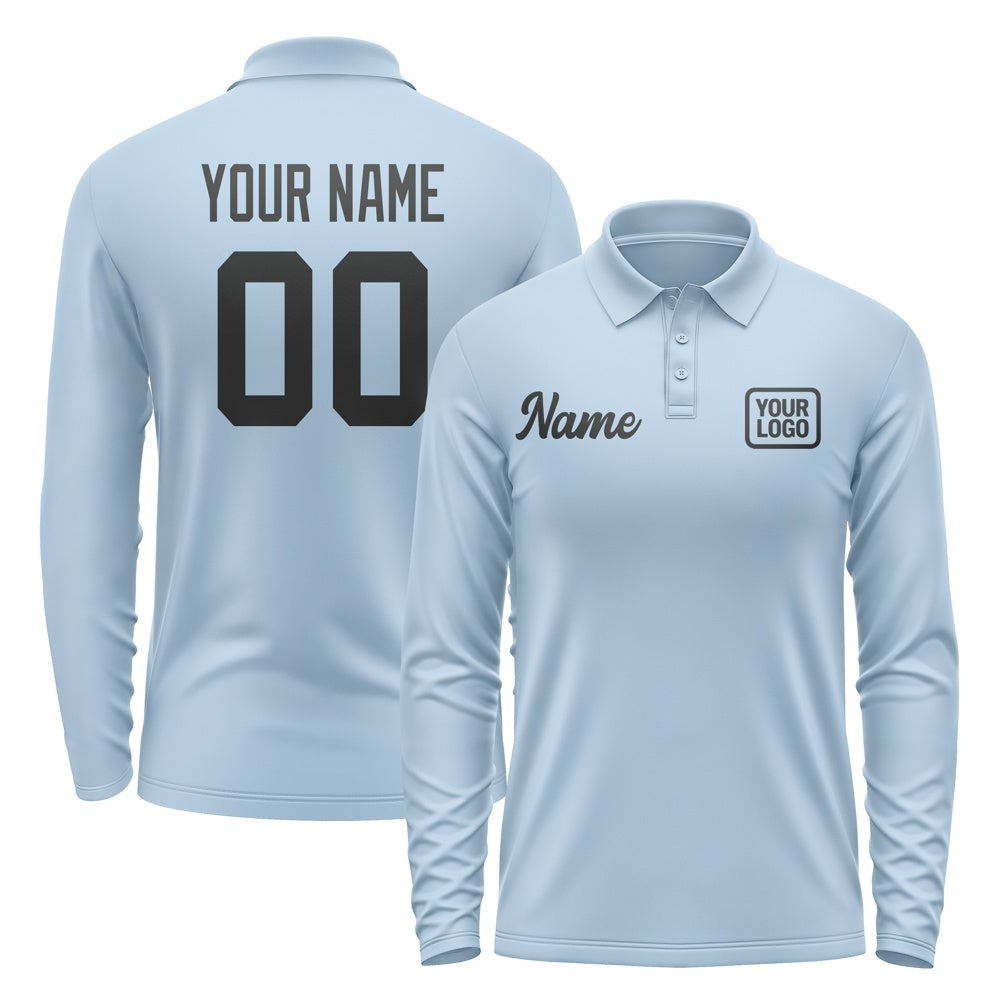 Custom Light Blue Black Long Sleeve Polo Shirt