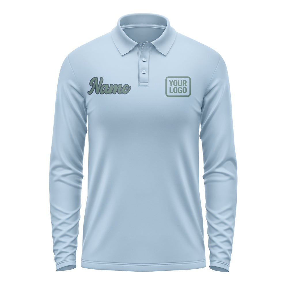 Custom Light Blue Blue Green Long Sleeve Polo Shirt