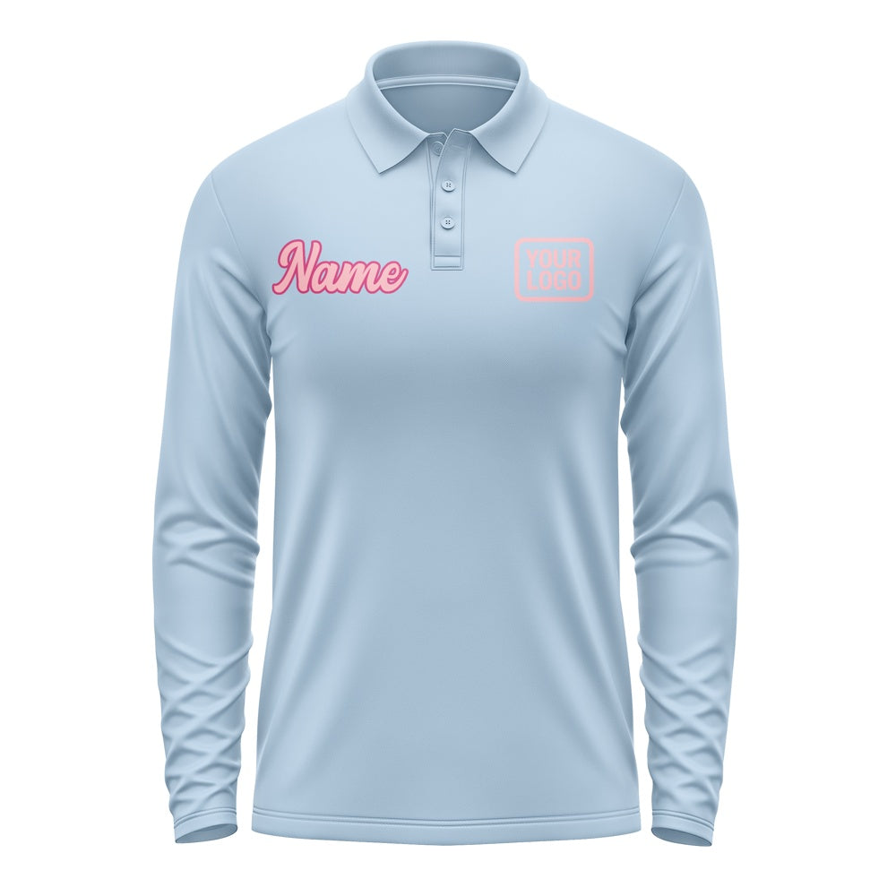 Custom Light Blue Light Pink Long Sleeve Polo Shirt