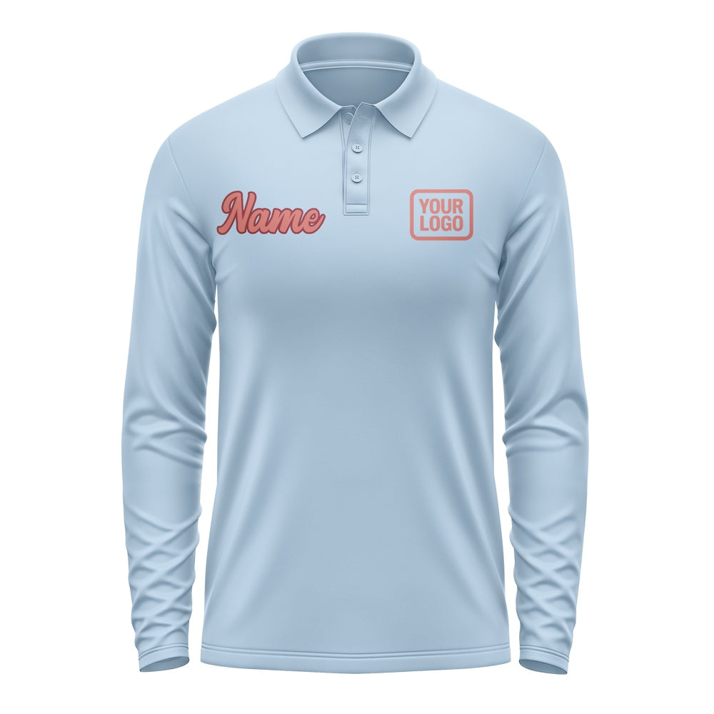 Custom Light Blue Copper Rose Long Sleeve Polo Shirt